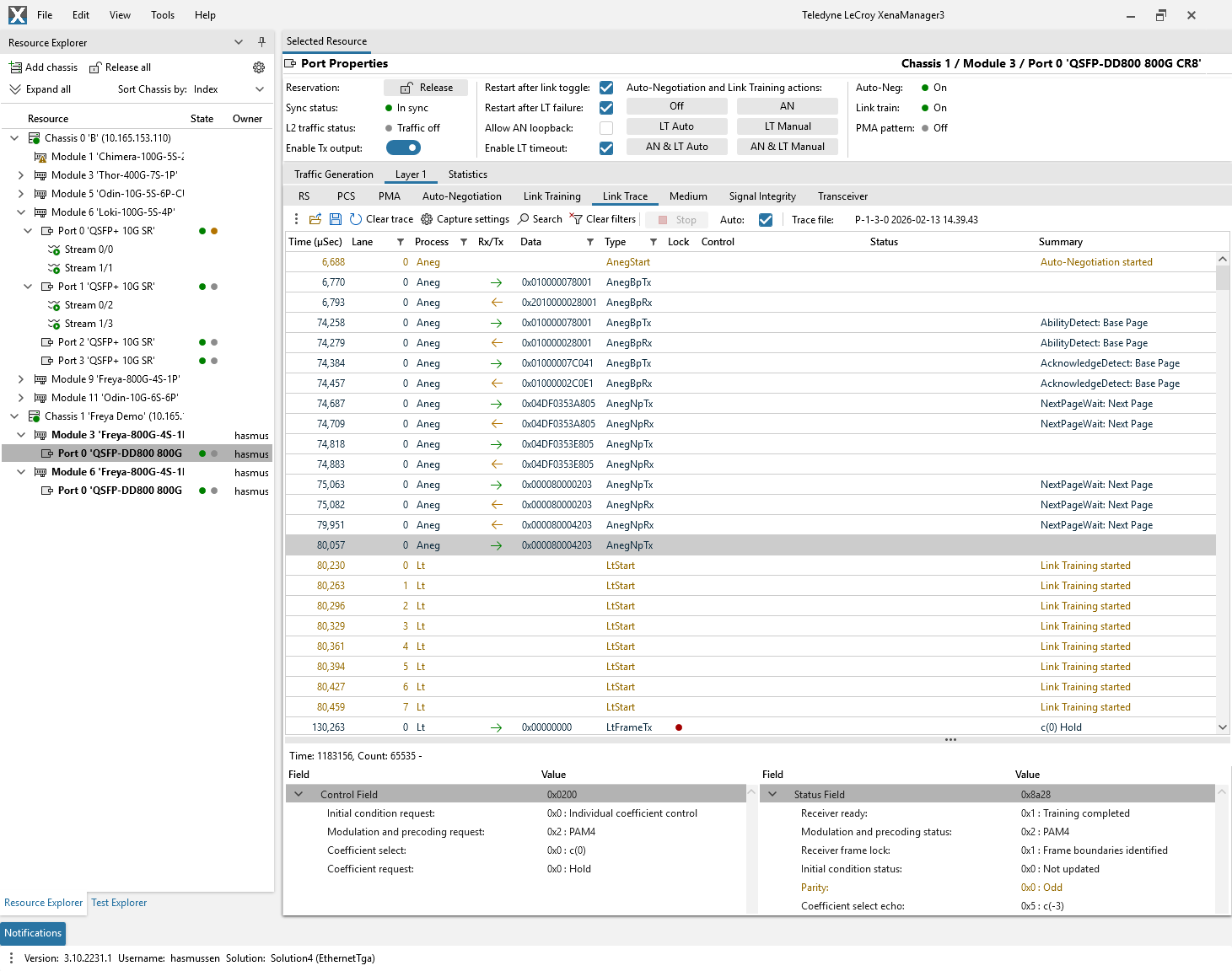 Detailed insight to Auto Negotiation (AN) protocol sent between Xena tester and DUT